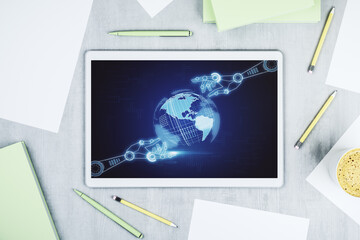 Aufkleber - Creative concept of robotics technology with globe sketch on modern digital tablet screen. Robot development and automation concept. Top view. 3D Rendering