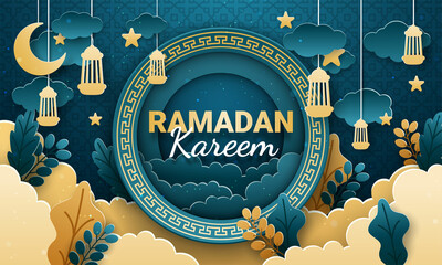 Ramadan kareem paper cut vector. Banner or poster with lantern, star and cloud ornament, suitable for  celebrating ramadan events.