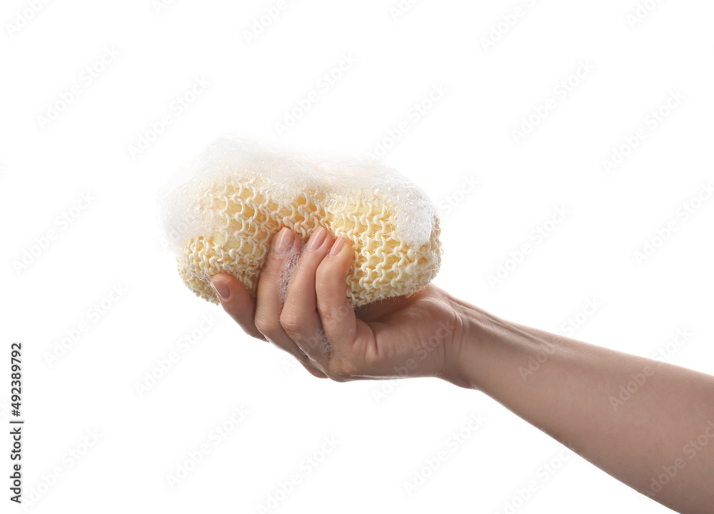 Woman holding bath sponge with foam on white background, closeup