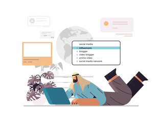 Poster - arab man using laptop choosing influencers in search bar social media influencer concept horizontal
