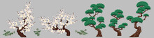 Set Of Chinese Painting Elements, Vector Pine Trees And Plum Blossom, Bamboo Bushes