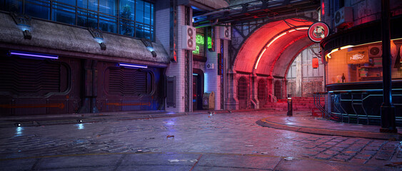 Aufkleber - Cyberpunk concept panoramic 3D rendering of a dark seedy futuristic city street at night with fast food bar on the corner.