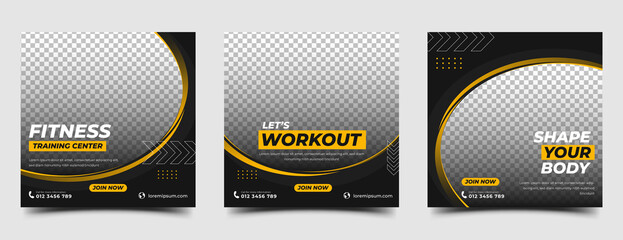 Wall Mural - Set of Social media post design template for gym, fitness, and workout promotion. Flat design vector with place for the photo. Usable for social media post, banner, and web.