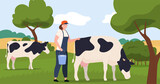 Woman agricultural worker cow milking with bucket full of milk vector flat illustration