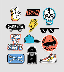 skateboarding badges, stickers. vector illustrations of peace hand sign, skull, hat, shoes, sunglass
