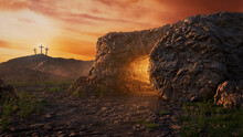The Resurrection Of Jesus Christ, With Empty Tomb And Crucifix At Sunrise. Easter Background.