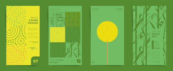 Geometric asian design vertical template set. Japanese natural bamboo graphic layout for stories, brochure cover, post, flyer, leaflet, background. Decorative botanical geometry pattern backdrops.
