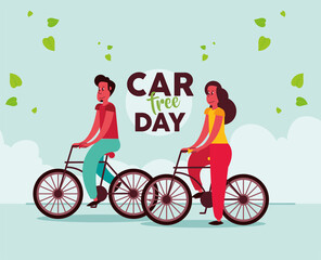 Poster - car free day coupel in bicycles