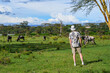 Tourist (man) in a cap watching gnu (wildebeast), Naivasha, Kenya, Africa