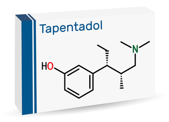 Sticker - Tapentadol molecule. It is synthetic benzenoid, opioid analgesic for treatment of moderate to severe pain. Skeletal chemical formula. Paper packaging for drugs