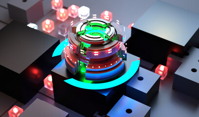 Wall Mural - Electronic circuit board close up, computer chip, mother board with neon lights, 3D rendering illustration.