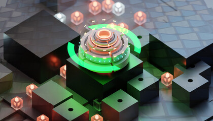 Wall Mural - Electronic circuit board close up, computer chip, mother board with neon lights, 3D rendering illustration.