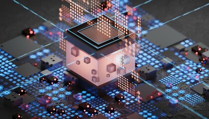 Wall Mural - Electronic circuit board close up, computer chip, mother board with neon lights, 3D rendering illustration.