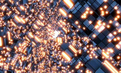 Wall Mural - Sci fi technology background, Futuristic sci-fi corridor with metal shapes and glowing neon lights. Abstract technology background. 3D rendering illustration