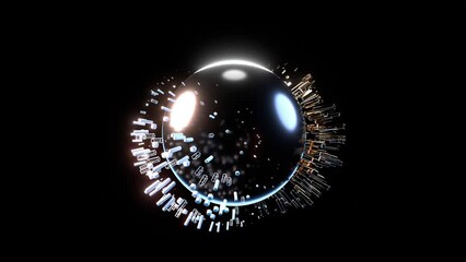 Wall Mural - Abstract neon glossy shapes moving around a black ball.  3D rendering animation