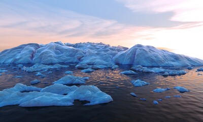 Wall Mural - Glaciers and Antarctica iceberg at sunset. Melting ice and calm water, climate changing concept 3D rendering illustration