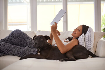 Wall Mural - They have apps for pets too these days. Shot of an attractive young woman relaxing on the sofa with her dog and using a digital tablet.