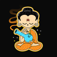 Sticker - Cute funny Buddha smoke weed with bong. Vector hand drawn cartoon kawaii character logo illustration. Buddha,buddhist smoke marijuana, cannabis, weed with bong character t-shirt print concept