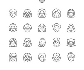 Poster - set of young women faces. female portrait avatar. girl, woman style. pixel perfect vector thin line 