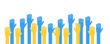 Help Ukraine No War Concept With Hands Of Various People. Symbol Of Human Community Help In Ukranian National Flag Colors Flat Vector Banner