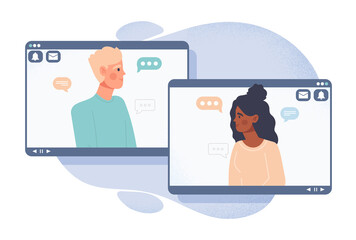 Poster - video call or conference. girl and guy communicate remotely, friends or family, romantic date. socia