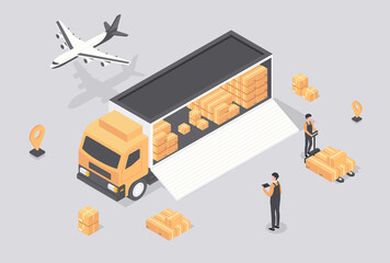 Concept of logistics. Men unload boxes from truck. Warehouse workers with goods. Globalization and sending parcels from one country to another, international trade. Isometric vector illustration