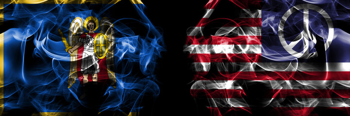 Kyiv, Kiev vs United States of America, America, US, USA, American, Peace flag. Smoke flags placed side by side isolated on black background.