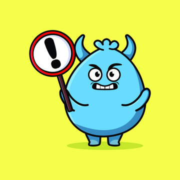Cute cartoon illustration goblin monster with exclamation sign board 