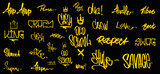 Fototapeta Młodzieżowe - Street art graffiti tags. Yellow street underground inscriptions isolated on black background. Graffiti urban, tags, signs effect written in marker or grunge. Underground inscriptions arts collection