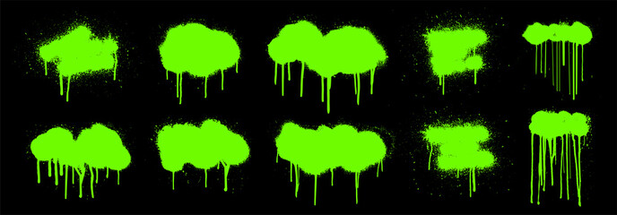 Poster - Toxic spray graffiti set. Grunge splashes paint with smudges and drops. Graffiti stencil template. Grunge spray texture with drip, spot. Cloud ink texture mockup. Stencil urban decoration ink. Vector