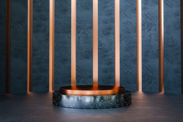 Poster - Black marble stand with golden details for product presentation. 3d render