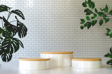 Poster - 3d illustration. Three cylindrical empty podiums for product display with green leaves on the side