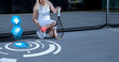 Tennis player in pain due to ankle or leg injury modern medicine icons around her  