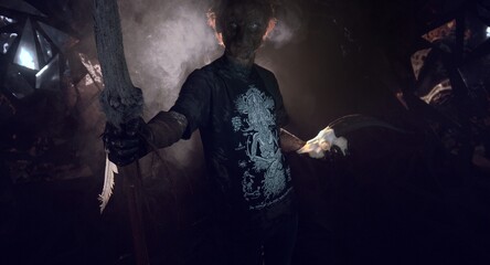 scary sorcerer in smoke. voodoo rite