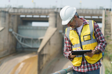 Portrait of power engineer wearing safety jacket and hardhat with tablet computer working at outdoor field site that have water spillway  of hydro power dam electrical generator at the background.