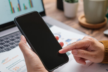 Poster - close up woman using mobile phone when working at desk at home