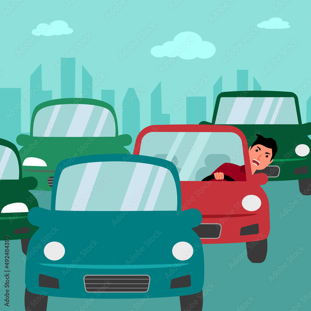 Car traffic jam on street in flat design vector illustration. Angry ...