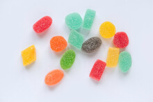 A Fruit Flavor Of Colorful Sweet Candy Jelly Bites Coated With Sugar Isolated On White Background.