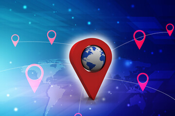 Poster - 3d rendering Red map pointer with world map
