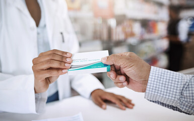 Poster - This one will help with all those symptoms. Cropped shot of an unrecognizable young female pharmacist helping a customer in a pharmacy.