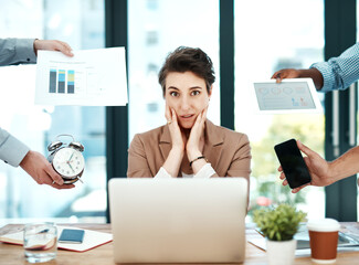 Poster - How do I make it go away. Shot of a young businesswoman looking stressed out in a demanding office environment.