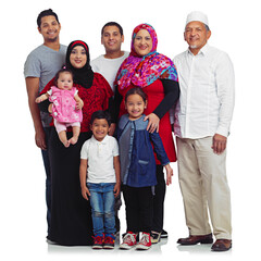 Canvas Print - All in the family. Studio portrait of a multi generational muslim family isolated on white.