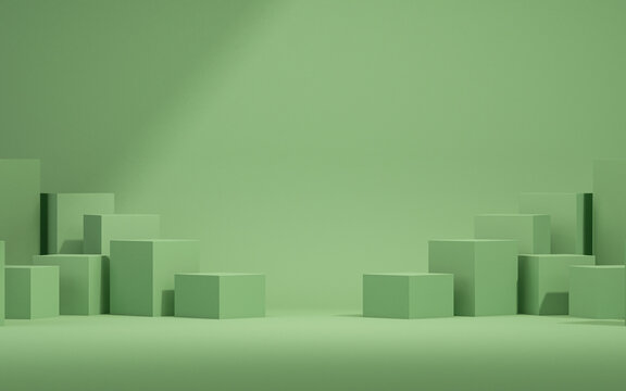 Abstract 3d render, green geometric background design with cubes. Minimalist blank scene with squares, modern graphic design.
