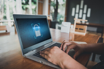 Poster - Technology Internet Cyber Secure for Database Privacy, Security Laptop Network Protection for Access Information Systems. Business Woman Using Data Login Password Secure on Laptop. Technology Big Data