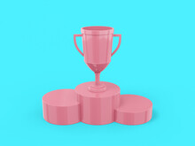 Pink Mono Color Winner Cup On A Pedestal On A Blue Solid Background. Minimalistic Design Object. 3d Rendering Icon Ui Ux Interface Element.