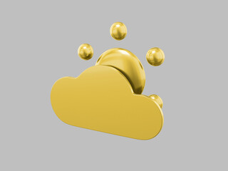 Poster - Golden one color cartoon sun behind cloud half view on gray flat background. Minimalistic design object. 3d rendering icon ui ux interface element.