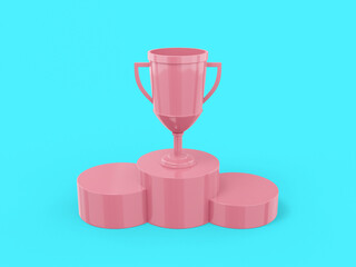 Poster - Pink mono color winner cup on a pedestal on a blue solid background. Minimalistic design object. 3d rendering icon ui ux interface element.