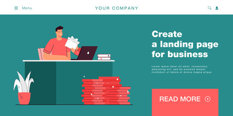 Hands with gift box stretching to man sitting in front of laptop. Special offer or loyalty program flat vector illustration. Ecommerce, marketing concept for banner, website design or landing web page