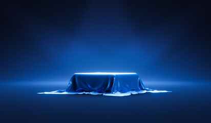 Leinwandbilder - Dark blue 3d background fabric podium with spotlight luxury empty display of product stage studio show scene presentation platform stand or blank exhibition pedestal showroom cosmetic banner backdrop.