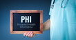PHI (Protected Health Information). Doctor shows sign/board with wooden frame. Background blue